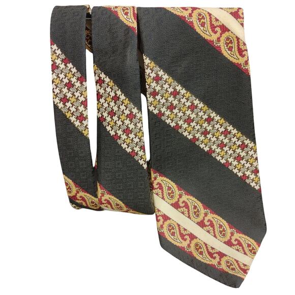 VTG Superba Qiana Nylon Black/Yellow/Red Paisley Geometric Tie - Picture 1 of 2